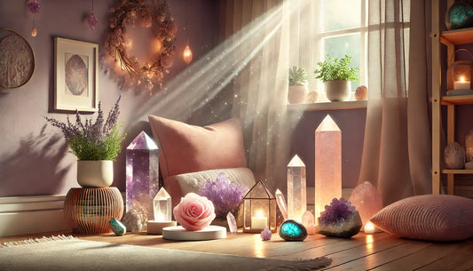Rincón acogedor con amatista, cuarzo rosa y labradorita, iluminado por luz natural, transmitiendo equilibrio y energía positiva.