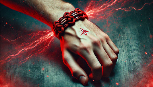 Pulsera roja con nudos que parece maldita, salen rayos rojos.