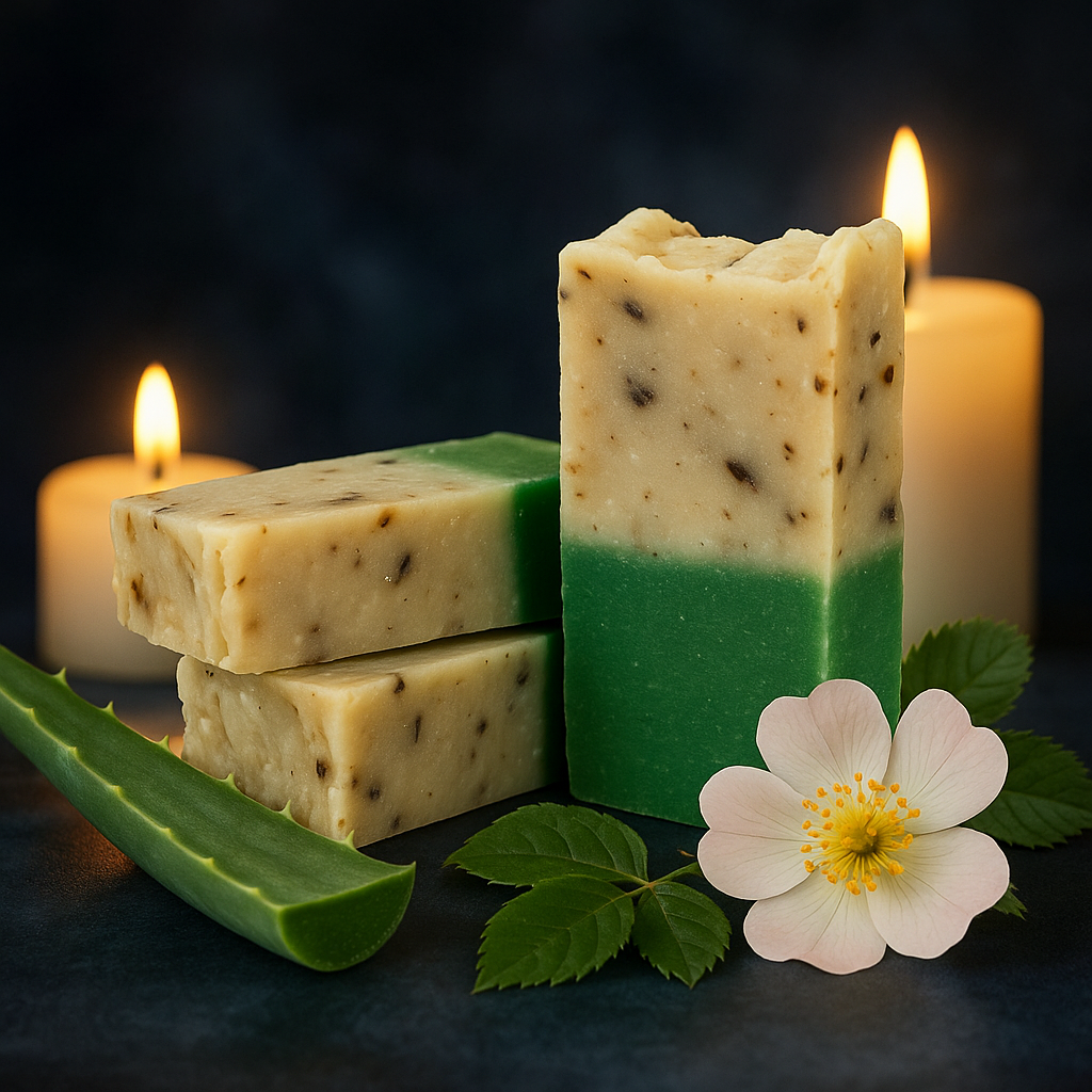 Pastillas de jabón de aloe vera y rosa mosqueta, aparecen dos velas encendidas al fondo y en primer plano una flor de rosa mosqueta y un trozo de aloe vera.