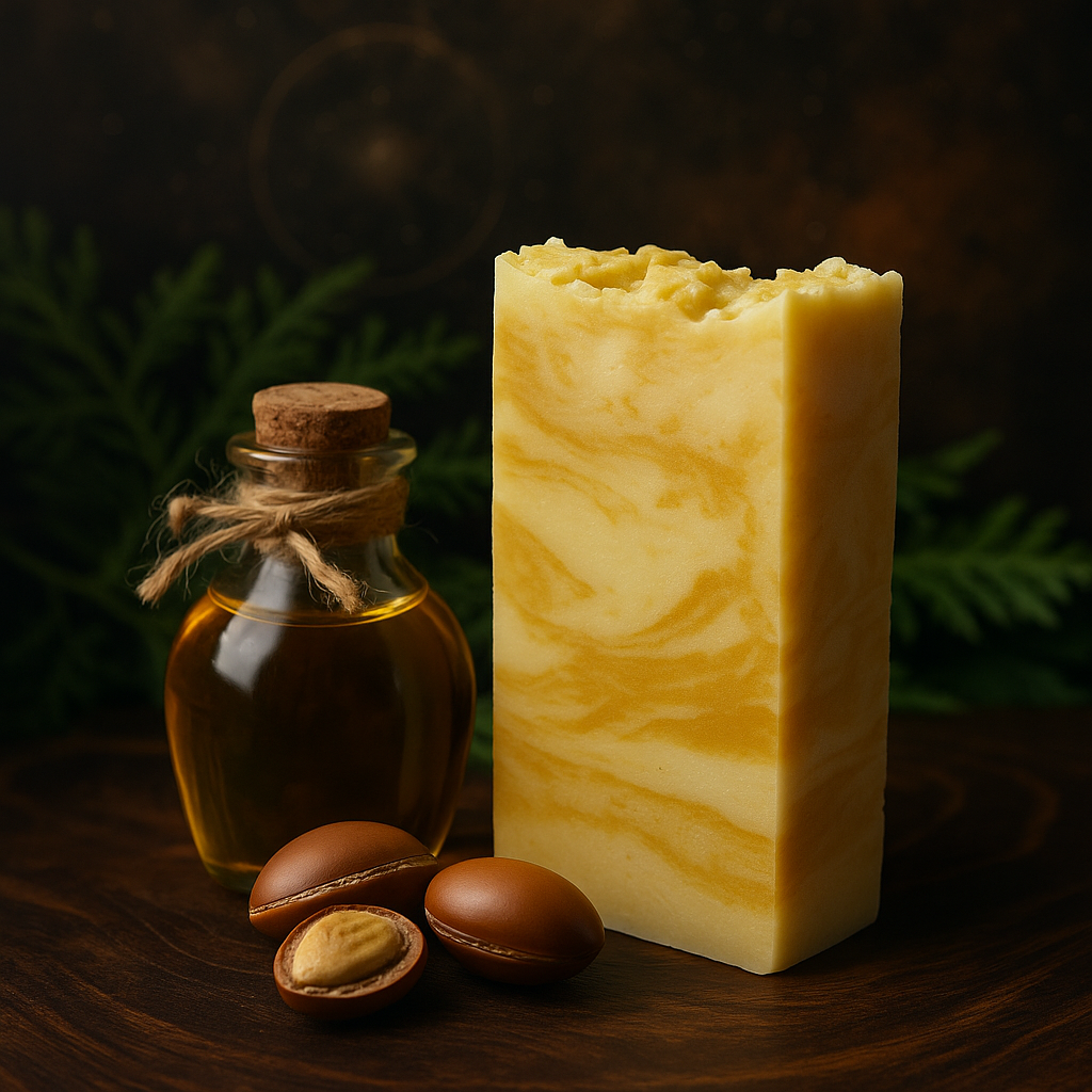 Pastilla de jabón de aceite de argán, al lado un tarrito con aceite y una semilla de argán.