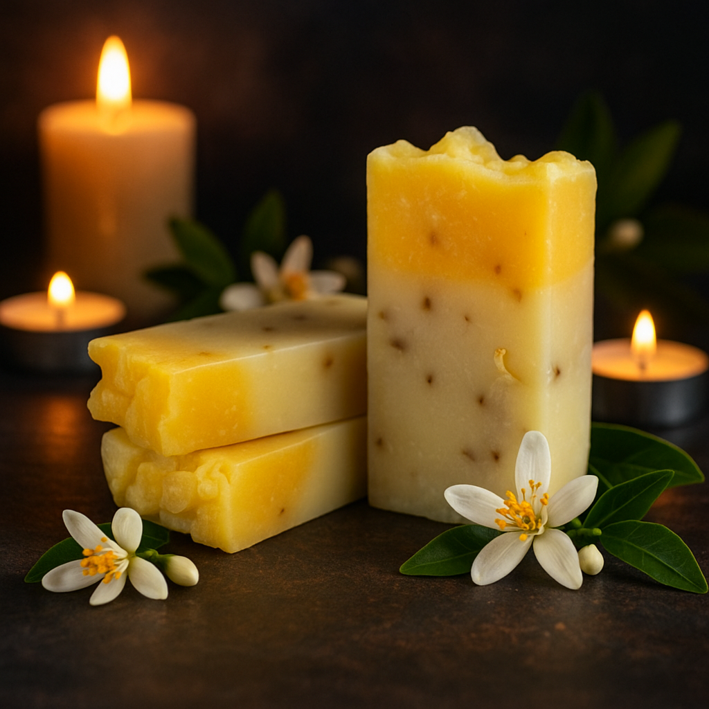 Pastillas de jabón de azahar rodeadas de flores de azahar; en la parte trasera, tres velas encendidas.