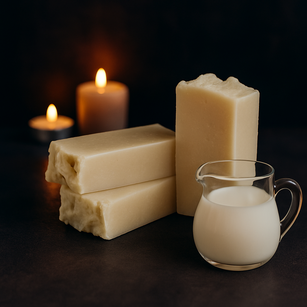 Pastillas de jabón de leche de cabra, detrás, dos velas encendidas; en la parte delantera una jarrita de leche.