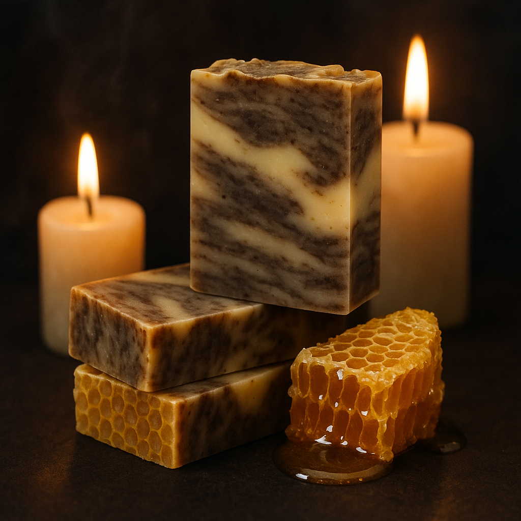 Pastillas de jabón de miel y propóleo, detrás dos velas encendidas, en un lateral un trozo de panal con miel.