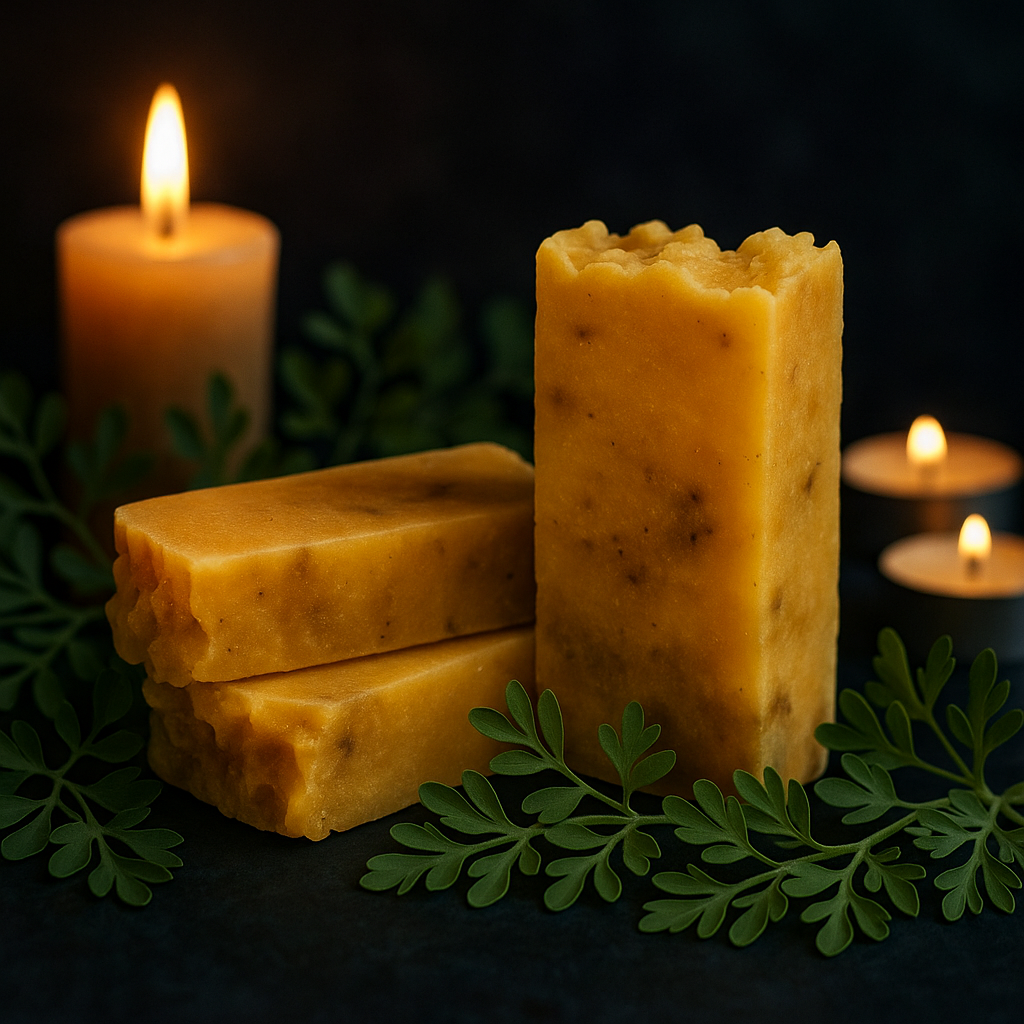 Pastillas de jabón artesanal de ruda, en la parte trasera, tres velas encendidas; alrededor aparecen ramas de ruda.