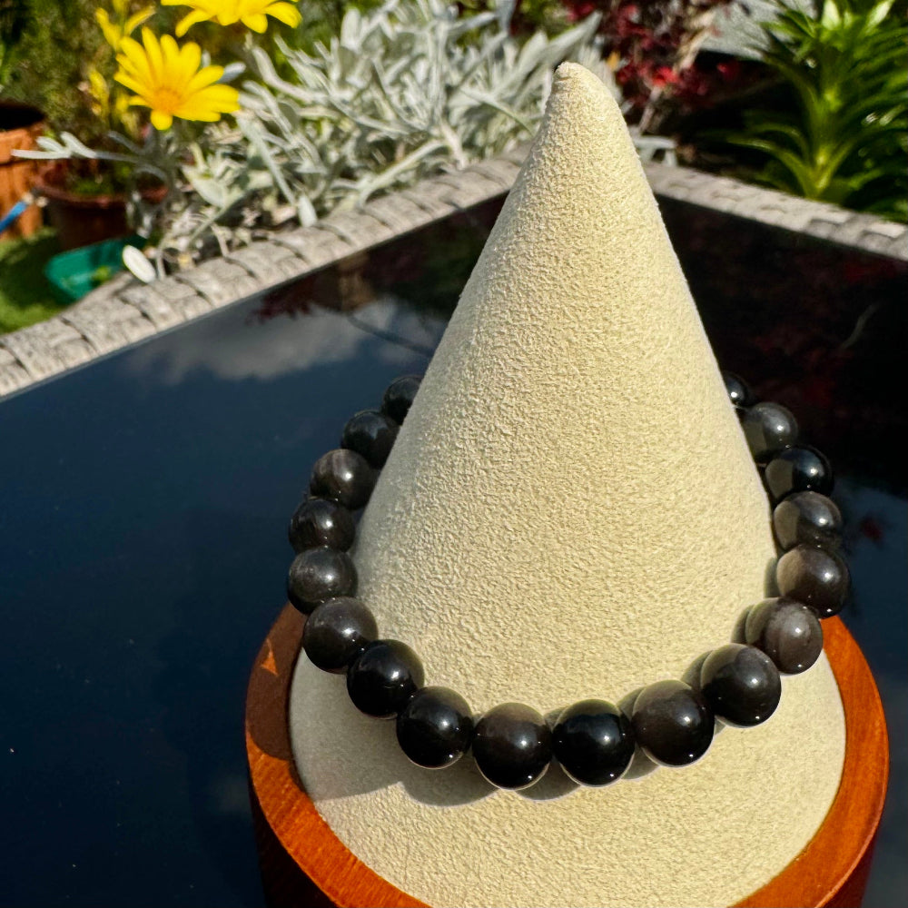 Pulsera elástica de Obsidiana Plateada (bolas 8mm) de México - Protección e Introspección | Magicka Shop SKU PULS-OBSIPLAT-B8
