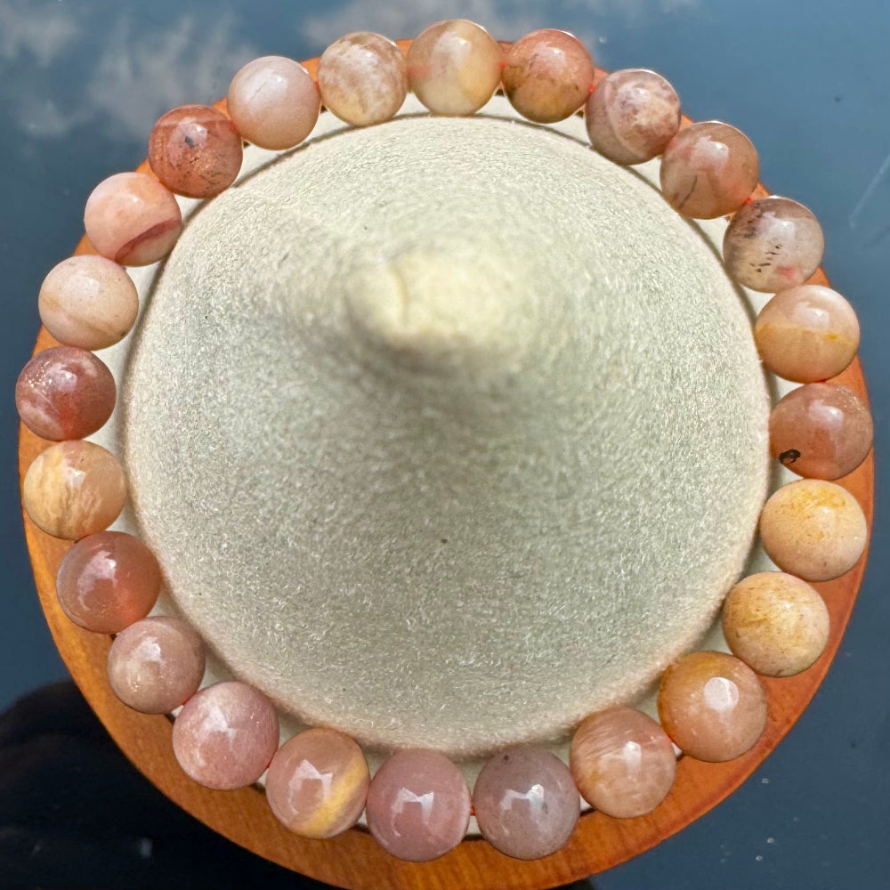 Pulsera elástica de Piedra Luna Melocotón (bolas 8mm) de la India - Amor Propio y Calma | detalle
