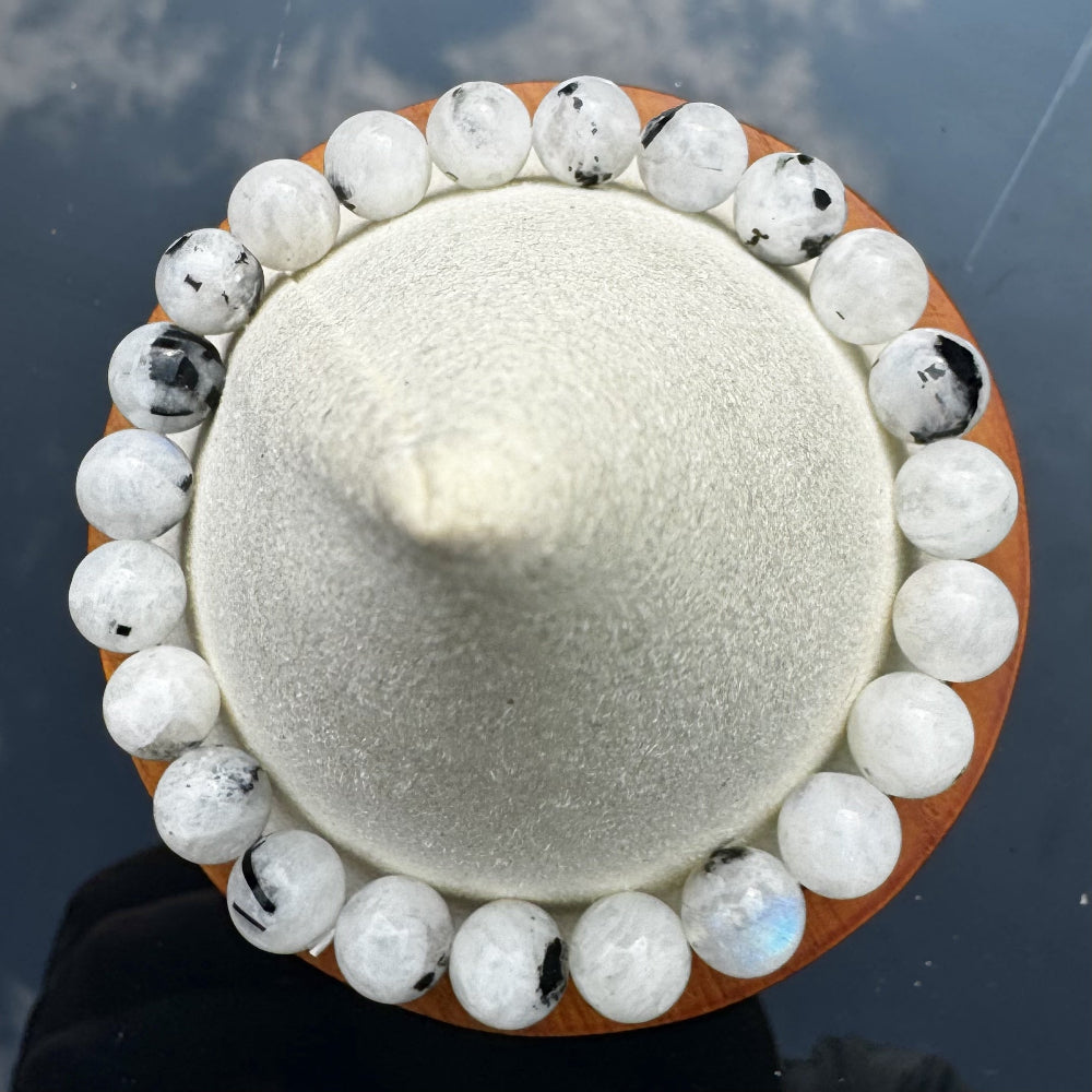 Pulsera elástica de Piedra Luna Turmalinada (bolas 8mm) de la India - Protección e Intuición | detalle