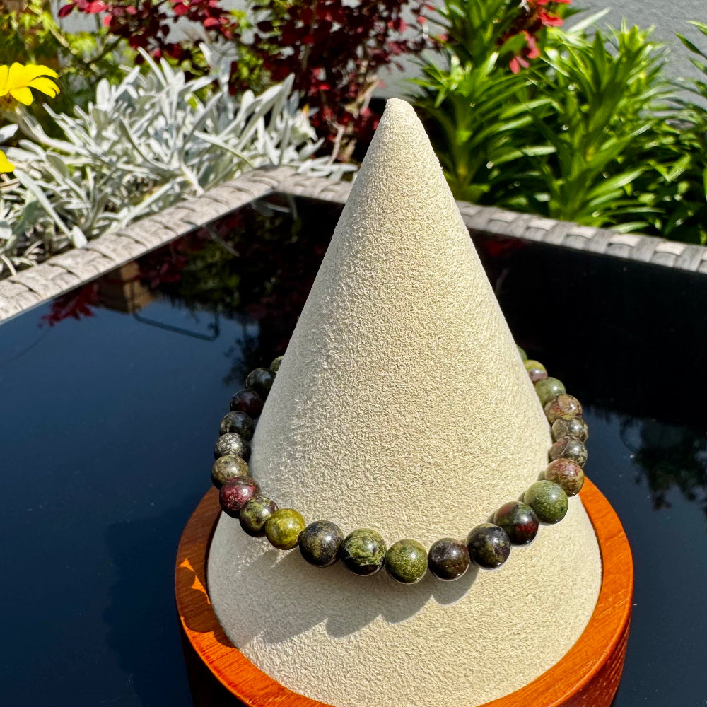 Pulsera elástica de Sangre de Dragón (Heliotropo, bolas 6mm) de Brasil - Coraje y Fuerza | Magicka Shop SKU PULS-SDRAGON-B6