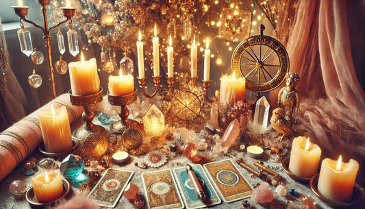 Escena mística con velas encendidas, cristales brillantes y cartas de tarot sobre una mesa mágica.