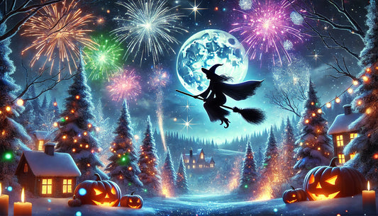 Bruja volando en la navidad en medio de fuegos artificiales