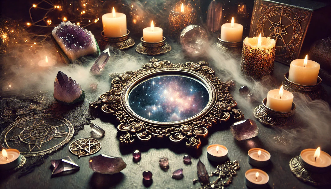 Espejo con velas y minerales mágicos