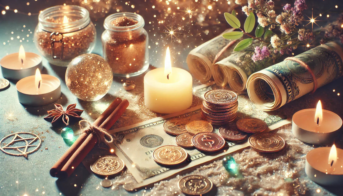 Una representación mística y mágica de la abundancia financiera, con monedas brillantes, una vela encendida que simboliza la prosperidad, y un pequeño montón de dinero rodeado de luz etérea, ideal para reflejar rituales mágicos de prosperidad.