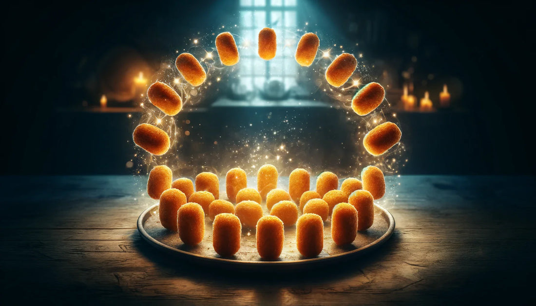 Un plato de croquetas doradas y crujientes dispuestas en un círculo mágico, rodeadas de un ambiente cálido y místico con destellos de luz, evocando humor y magia para el Día Internacional de la Croqueta.