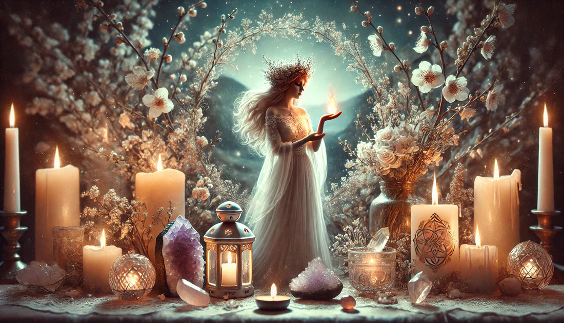 La diosa celta Brigid en un altar durante una celebración de Imbolc, rodeada de velas encendidas, flores blancas y cristales como amatista y cuarzo rosa. Simboliza la renovación, la inspiración y el regreso de la luz en un entorno mágico y sereno.