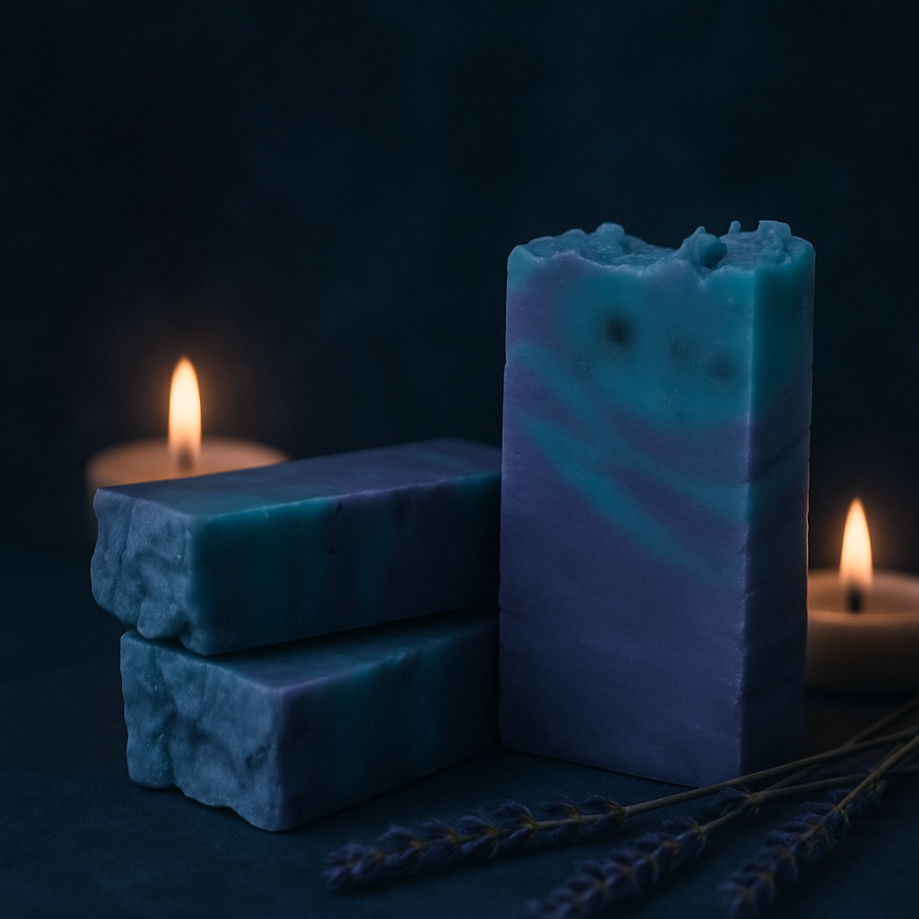 Pastillas de jabón artesanales de lavanda, detrás dos velas encendidas, en primer plano unas ramas de lavanda