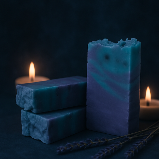Pastillas de jabón artesanales de lavanda, detrás dos velas encendidas, en primer plano unas ramas de lavanda