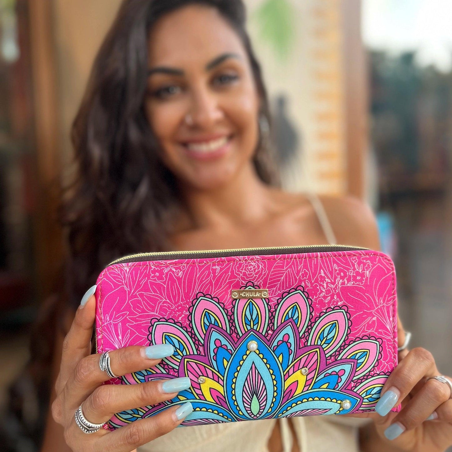 Billetera grande de mujer con doble cremallera Mándala rosa | CHULA Tulum