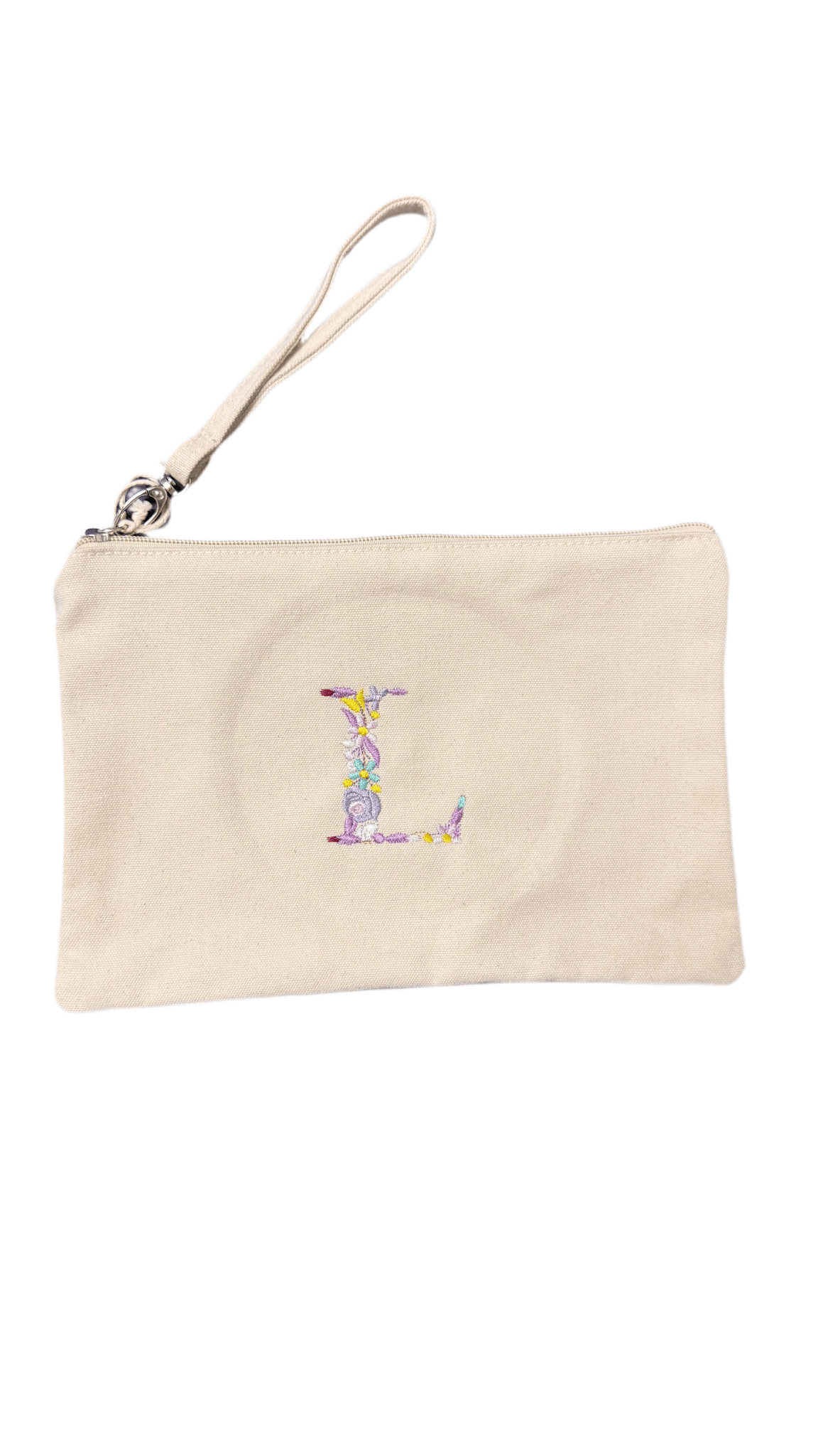 Bolsito de mano con inicial floral bordada