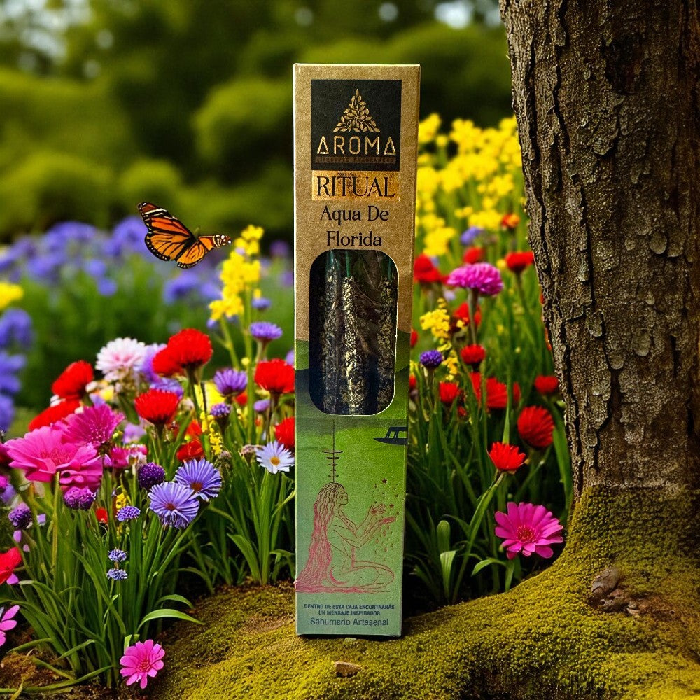 Caja de incienso Agua de Florida artesanal, muestra diseño espiritual y uso para purificación energética.