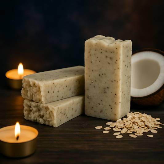 Pastillas de jabón de avena y coco, en la parte izquierda velas encendidas, en la parte derecha medio coco y copos de avena.