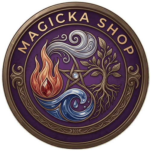 Logotipo de Magicka Shop. Es circular, en color morado. En el centro tiene un pentagrama rodeado por imágenes representativas de los cuatro elementos.