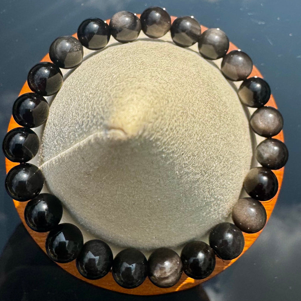 Pulsera elástica de Obsidiana Plateada (bolas 8mm) de México - Protección e Introspección | detalle